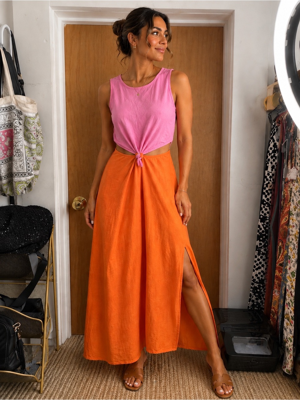 Women’s Linen Blend Colorblock Pink & Orange Sleeveless Maxi Dress. Size: XL